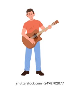 Young man cartoon character enjoying hobby activity playing guitar and singing isolated on white