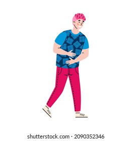 Junge männliche Cartoon-Charakter fühlen einen Angriff von Bauchschmerzen, flache Cartoon Vektorgrafik einzeln auf weißem Hintergrund. Magenbeschwerden und Erkrankungen des Verdauungssystems.