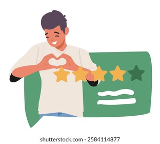 Young man cartoon character feeling gratitude positive emotion receiving good rating feedback and testimonial from client vector illustration. Customer satisfaction, choice and loyalty improvement