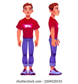 Young man cartoon character front and side view, teenager, youth wear trendy clothes red t-shirt, jeans and sneakers. Handsome male personage with brown eyes and ginger hair, Vector illustration