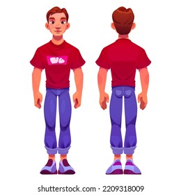 Young man cartoon character front and back view, teenager, youth wear trendy clothes red t-shirt, jeans and sneakers. Handsome male personage with brown eyes and ginger hair, Vector illustration