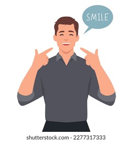 Young man cartoon character happy and giving smile using his hand pointing to his mouth. lat vector illustration isolated on white background