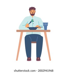 Young man cartoon character having breakfast or lunch meal at home, flat vector illustration isolated on white background. Daily meal and nutrition concept.