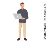 Young man cartoon character holding. using laptop computer (PC). Laptop computer technology concept . Flat vector illustration isolated on white background