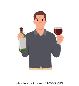 Young man cartoon character holding a bottle of wine . Flat vector illustration isolated on white background