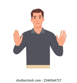 Young man cartoon character making stop with his hands. Say No . Flat vector illustration isolated on white background