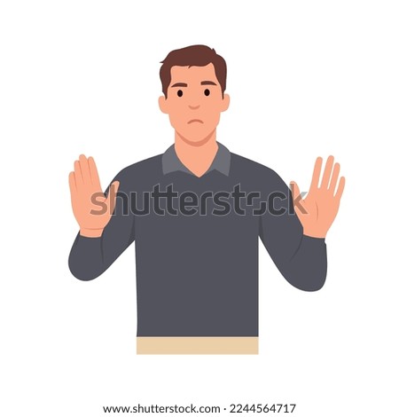 Young man cartoon character making stop with his hands. Say No . Flat vector illustration isolated on white background