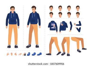 Young man cartoon character for motion design with facial expressions, hand gestures, body and leg movement