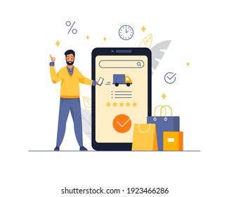 Un joven personaje de dibujos animados ordena la entrega de artículos de una tienda en línea usando una aplicación móvil. El comprador deja comentarios sobre el servicio prestado. Ilustración vectorial plana