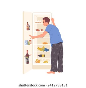 Young man cartoon character in pajamas searching for night snack looking at opened refrigerator