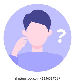 Young Man cartoon character. People face profiles avatars and icons. Close up image of asking man. Vector flat illustration.