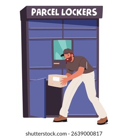 Young man cartoon character putting cardboard parcel box into postal lockers sending package to addressee vector illustration. Cheerful guy preparing container for shipping vector illustration