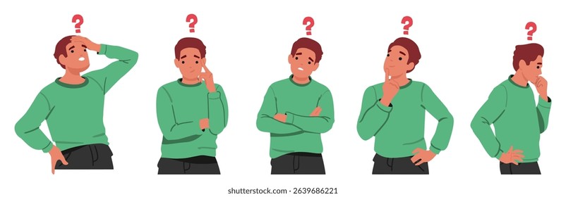 Young man cartoon character with question mark above thinking searching answers isolated set on white background. Emotional guy personage remembering, planning, finding solution vector illustration