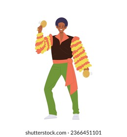 Young man cartoon character samba dancer wearing traditional brazil costume playing maracas