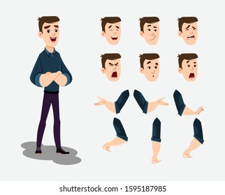 Young man cartoon character set for your animation, design or motion with different facial emotions and hands.