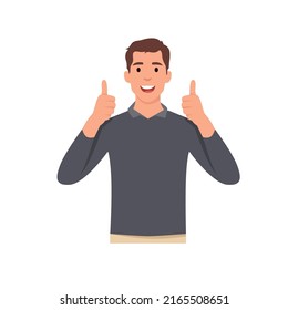 Young man cartoon character shows gesture cool with two thumbs up . Flat vector illustration isolated on white background