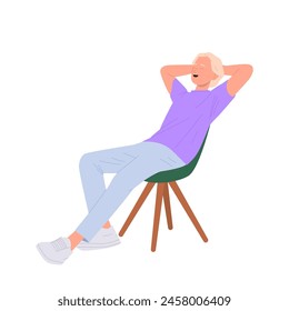 Young man cartoon character sitting on chair and enjoying procrastination, dreaming, sleeping