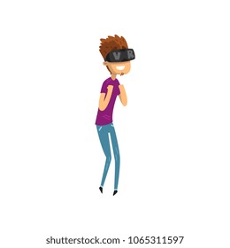 Young man cartoon character using virtual reality goggles feeling happy, gaming cyber technology, virtual reality concept vector Illustration on a white background
