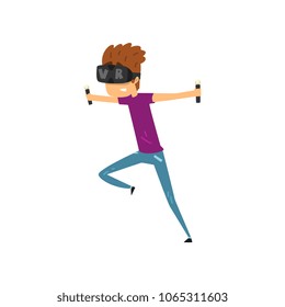 Young man cartoon character using virtual reality headset and controllers, gaming cyber technology, virtual reality concept vector Illustration on a white background