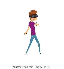 Young man cartoon character using virtual reality goggles holding controllers, full virtual reality concept vector Illustration on a white background