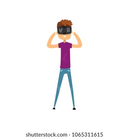 Young man cartoon character using virtual reality goggles, gaming cyber technology, full virtual reality concept vector Illustration on a white background