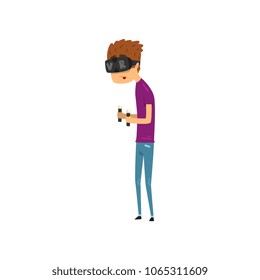 Young man cartoon character in virtual reality headset with aim remote controllers, gaming cyber technology, virtual reality concept vector Illustration on a white background