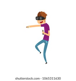 Young man cartoon character in virtual reality headset with controllers, gaming cyber technology, virtual reality concept vector isolated on a white background.
