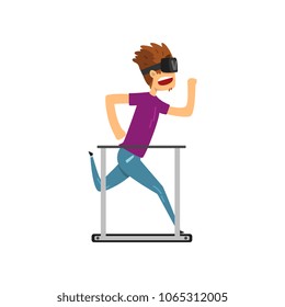 Young man cartoon character in virtual reality headset running on a treadmil, full virtual reality concept vector Illustration on a white background