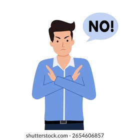 Young man cartoon character wave hand making no sign or stop sign, business concept in saying no, stop, or disagreement. . Flat vector illustration isolated on white background