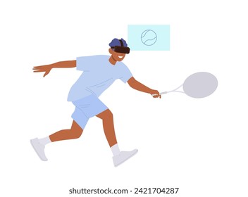 Young man cartoon characters wearing VR glasses playing tennis sportive game vector illustration
