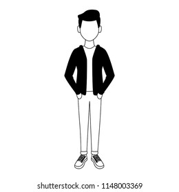 Young man cartoon faceless in black and white