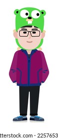 Young man cartoon in a funny hat in the shape of a beaver