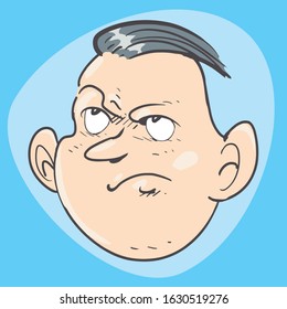 young man cartoon head with angry facial expression, vector illustration. background is in separate layer.