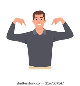 Young man cartoon High self esteem concept. Proud young man pointing at himself with both hands, confident, successful. Flat vector illustration isolated on white background