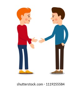 Young man cartoon illustration isolated on white background in flat style. Guy standing and welcomes with a raised hand. Funny cartoon character. 