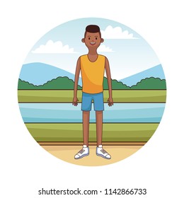 Young man cartoon in round icon