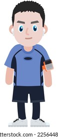 young man cartoon runner with a phone on his shoulder
