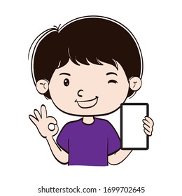 young man cartoon showing smart phone. Cartoon Vector Illustration. cute kawaii character with ok sign