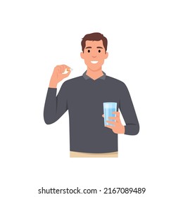 Young man cartoon standing and holding glass of water and pill capsule painkiller or vitamin medication in hands concept character . Flat vector illustration isolated on white background