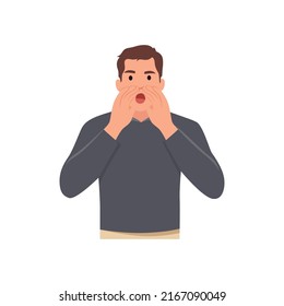 Young man cartoon yelling shouting or screaming with hands on mouth concept character . Flat vector illustration isolated on white background