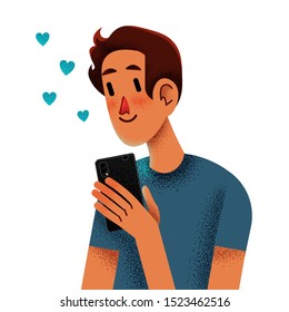 Young man in cartoonish simple style watching in his phone or smartphone smiling and hearts are flying from the phone. Technologies, social network, modern life illustration.