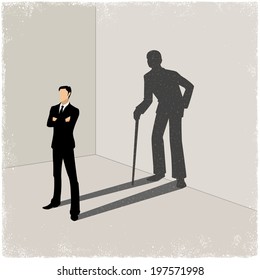 Young man casting shadow of old man in vector