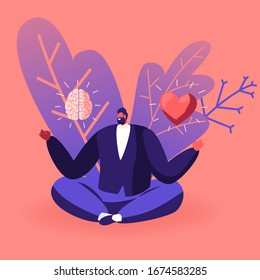 Joven en el cierre casual sentado en la postura meditativa de Lotus con el cerebro y el corazón en las manos que elige entre sentimientos y mente. Carácter masculino que toma decisiones sobre la vida. Ilustración de vectores de caricatura