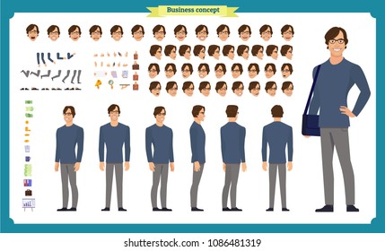 Young man in casual clothes. Character creation set. Full length, different views, emotions, gestures, isolated against white background. Build your own design. Cartoon flat-style vector illustration