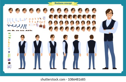 Young man in casual clothes. Character creation set. Full length, different views, emotions, gestures, isolated against white background. Build your own design. Cartoon flat-style vector illustration