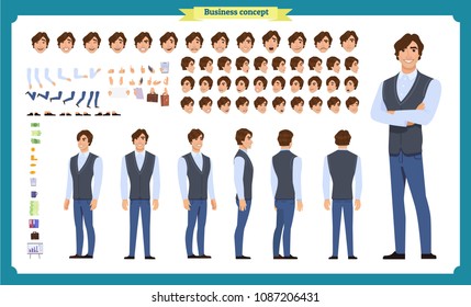 Young man in casual clothes. Character creation set. Full length, different views, emotions, gestures, isolated against white background. Build your own design. Cartoon flat-style vector illustration