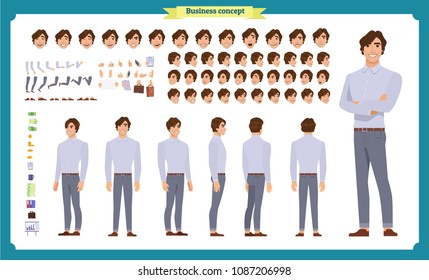 Young man in casual clothes. Character creation set. Full length, different views, emotions, gestures, isolated against white background. Build your own design. Cartoon flat-style vector illustration