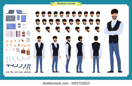 Young man in casual clothes. Character creation set. Full length, different views, emotions, gestures, isolated against white background. Build your own design. Cartoon flat-style vector il