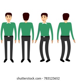 Young man in casual clothes. Character set. Front, side, back view animated character. Full length, different views, isolated on white. Build your own design. Cartoon flat style design illustration.