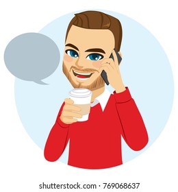 Young man with casual clothes drinking coffee and enjoying a phone call
